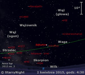 Mapka pokazuje położenie Saturna i gwiazdy Nova Sgr no. 2 w pierwszym tygodniu kwietnia 2015 roku.jpg