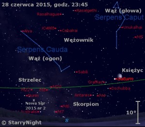 Mapka pokazuje położenie Saturna i Nowej w Strzelcu 2015 nr 2 w czwartym tygodniu czerwca 2015 roku.jpg