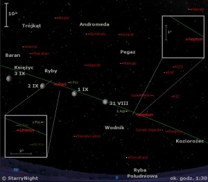 Mapka pokazuje położenie Księżyca, Urana i Neptuna w pierwszym tygodniu września 2015 roku.jpg