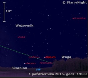 Mapka pokazuje położenie Saturna na przełomie września i października 2015 roku.jpg