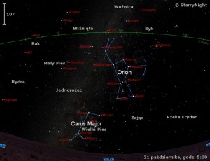 Mapka pokazuje położenie radiantu Orionidów - roju meteorów mającego maksimum aktywności około 21 października..jpg