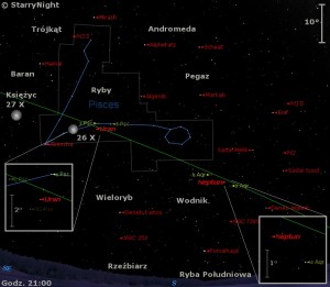 Mapka pokazuje położenie Księżyca, Urana i Neptuna w ostatnim tygodniu października 2015 roku.jpg