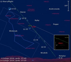 Mapka pokazuje położenie Księżyca i Urana w drugim tygodniu lutego 2016 roku.jpg